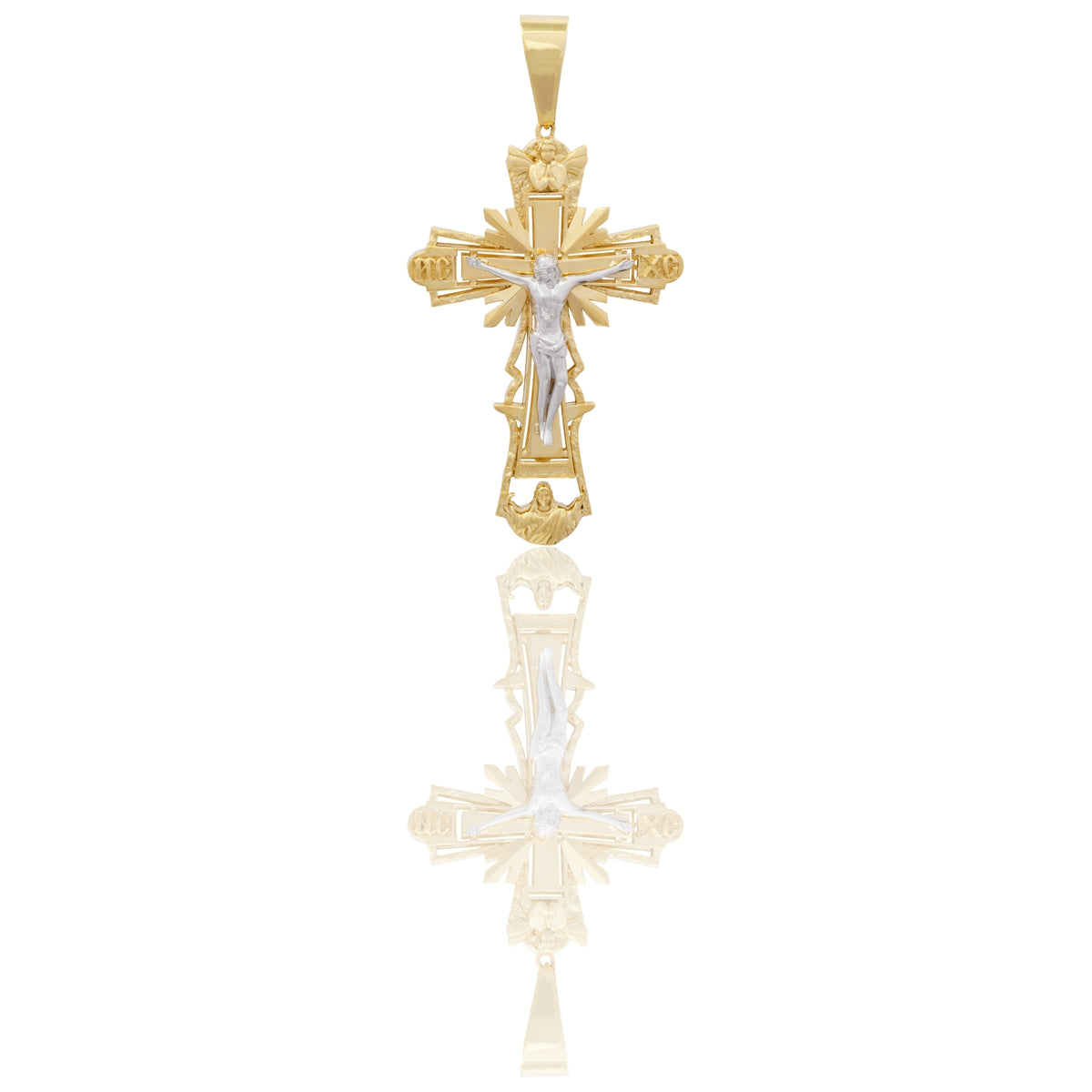 Ciondolo Oro Giallo Oro Bianco Oro 18 carati Croce Barocco Con Cristo Zirconi Bianchi
