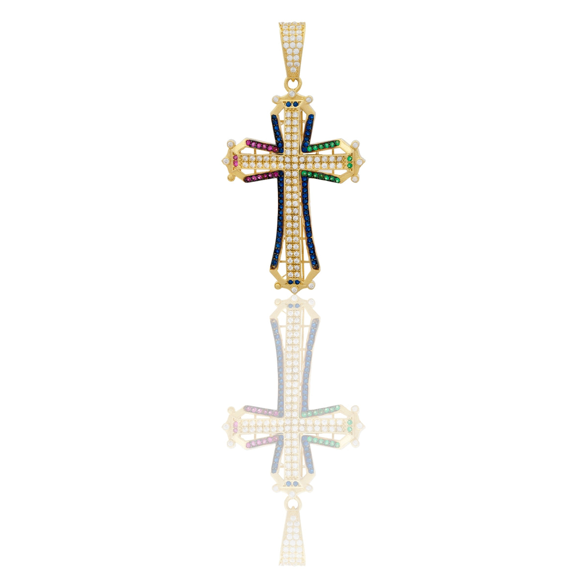 Ciondolo Oro Giallo Oro 18 carati Croce Stilizzata Zirconi Multicolor, Zirconi Bianchi