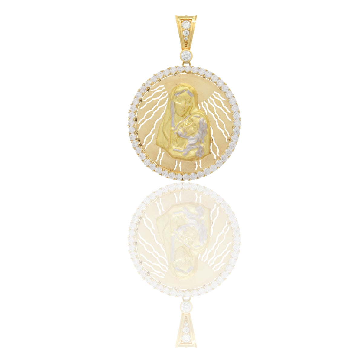 Ciondolo Oro Giallo Oro Bianco Oro 18 carati Medaglia Madonna Addolorata Zirconi Bianchi cm.8 x 5,5