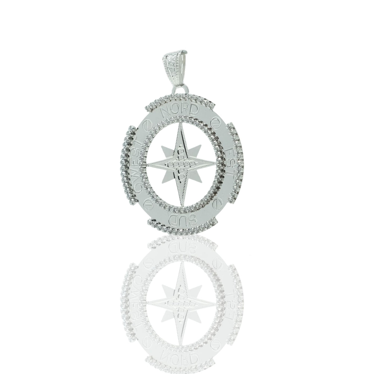 Ciondoli Oro Bianco Oro 18 carati Rosa dei venti tonda traforata Zirconi Bianchi 5,5cm x 4,5cm