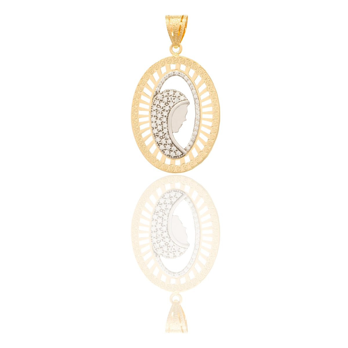 Ciondolo Oro Giallo Oro Bianco Oro 18 carati Madonna Di Profilo Velo Zirconato Contorno Traforato Zirconi Bianchi cm.4,5