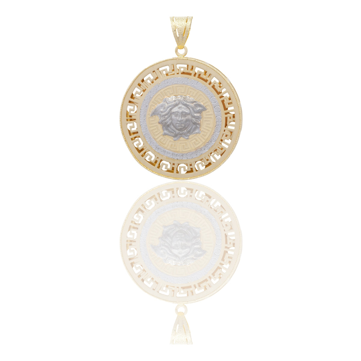 Ciondolo Oro Giallo Oro Bianco Oro 18 carati Tondo Medusa Oro Bianco Centrale Contorno Greca Solo Oro cm.4,5