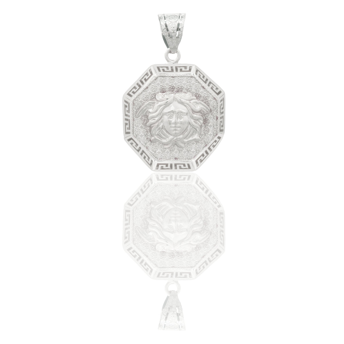 Ciondolo Oro Bianco Oro 18 carati Ottagonale Diamantato Con Greca Traforata E Medusa Solo Oro cm.3,5