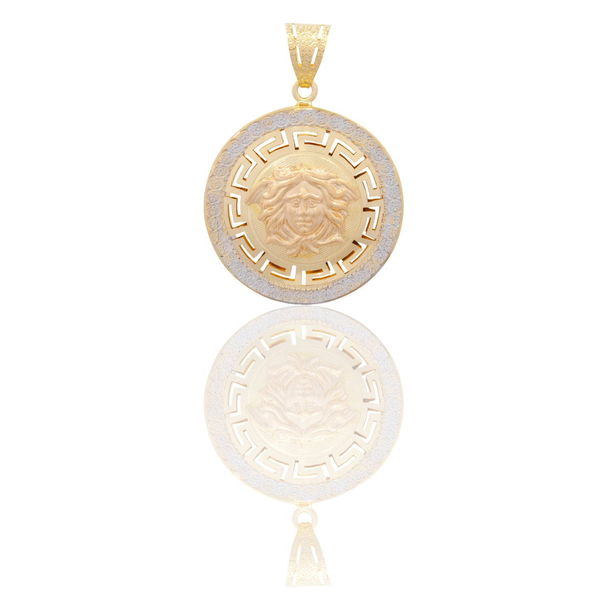 Ciondolo Oro Giallo Oro Bianco Oro 18 carati Tondo Con Medusa E Greca Solo Oro cm.4,0