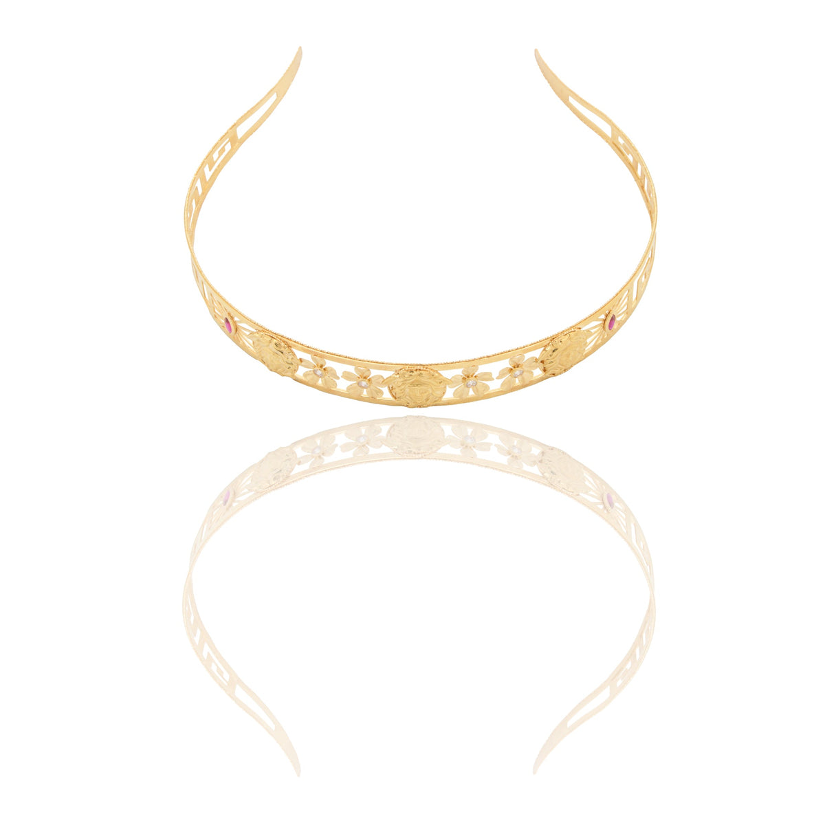 Collana Oro Giallo Oro 18 carati Frontino Greca e Medusa Zirconi Rossi spessore cm.16
