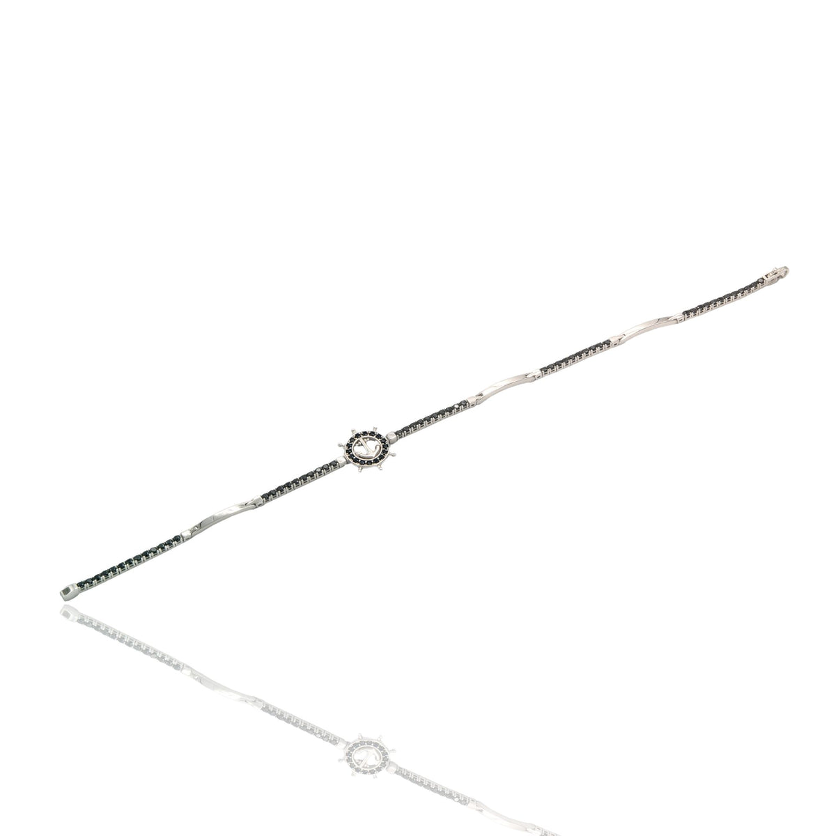 Bracciale Oro Bianco Oro 18 carati Tennis Con Timone Zirconi Neri cm. 20