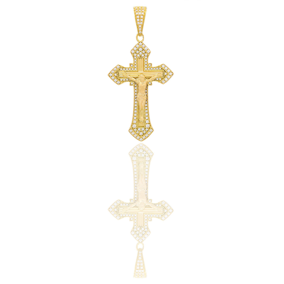 Ciondoli Oro Giallo Oro 18 carati Croce con Cristo rigata contorno pavè Zirconi Bianchi 5,9 cm x 2,9cm