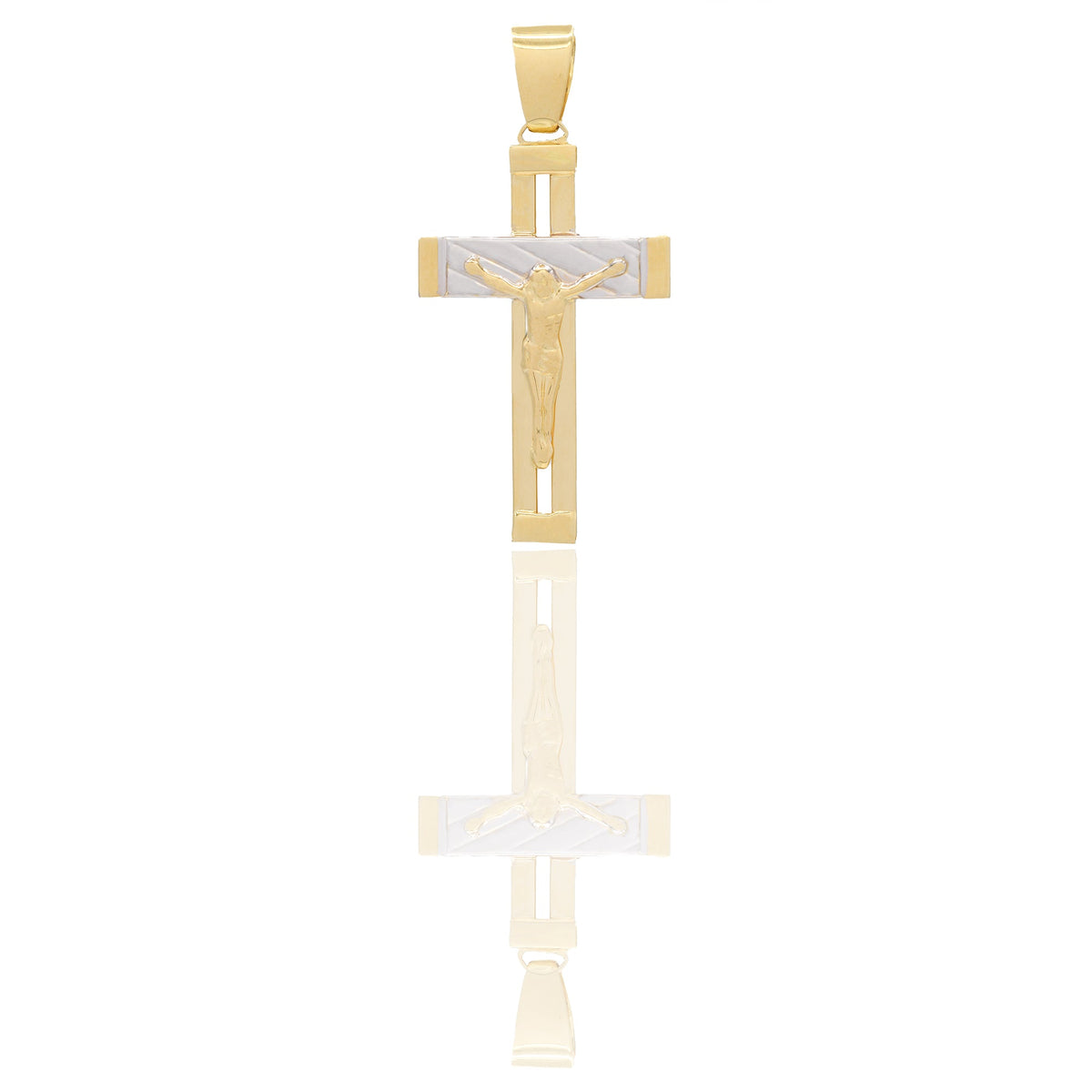 Ciondoli Oro Giallo Oro Bianco Oro 18 carati Croce con Cristo traforata rigata Solo oro 3.9 cm x 1,9cm