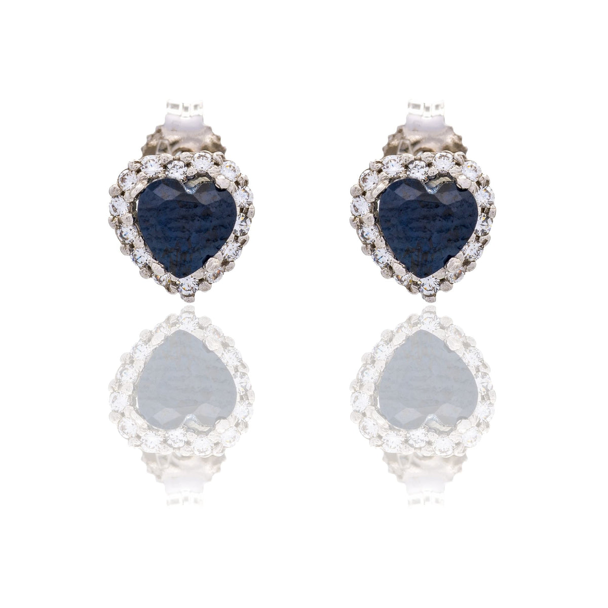 Orecchini Oro Bianco Oro 18 carati Cuore Con Contorno Zirconi Bianchi, Zircone Blu 