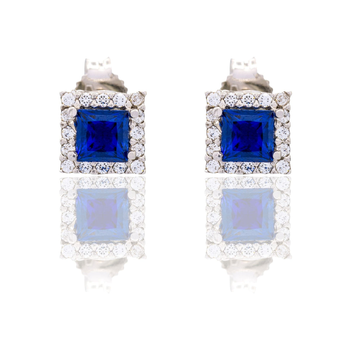 Orecchini Oro Bianco Oro 18 carati Quadrato Con Contorno Zirconi Bianchi, Zircone Blu 