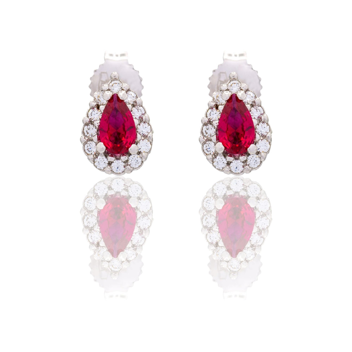 Orecchini Oro Bianco Oro 18 carati Goccia Con Contorno Zirconi Bianchi, Zircone Rosso 
