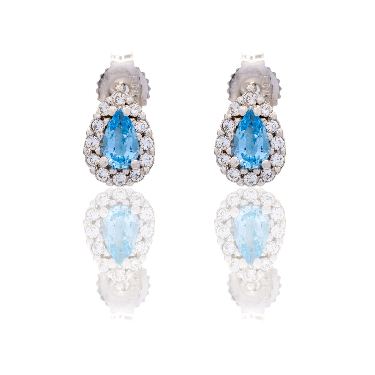 Orecchini Oro Bianco Oro 18 carati Goccia Con Contorno Zirconi Bianchi, Zircone Azzurro 