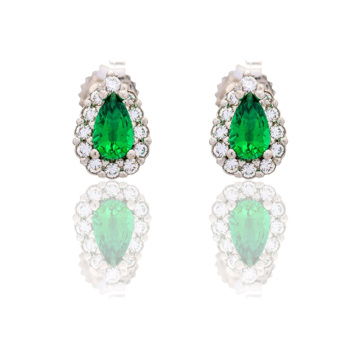 Orecchini Oro Bianco Oro 18 carati Goccia Con Contorno Zircone Verde, Zirconi Bianchi 