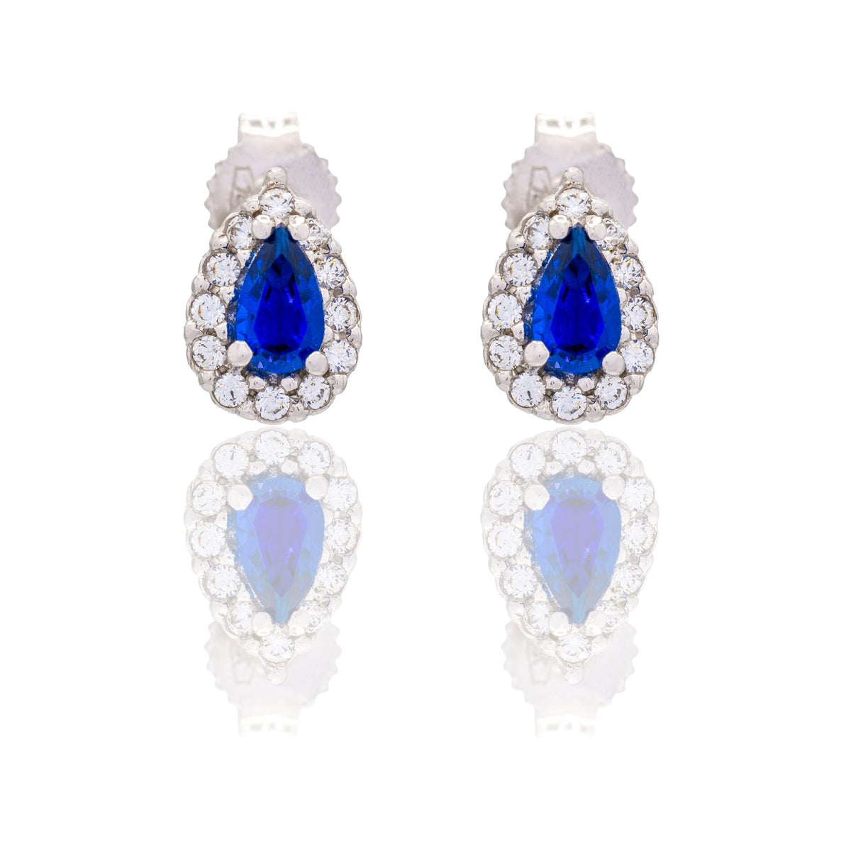Orecchini Oro Bianco Oro 18 carati Goccia Con Contorno Zirconi Bianchi, Zircone Blu 
