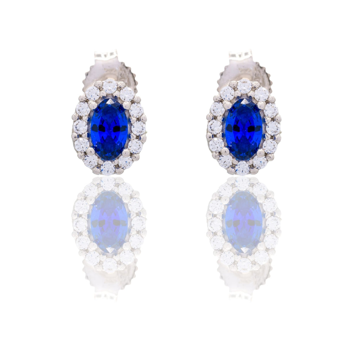 Orecchini Oro Bianco Oro 18 carati Ovale Con Contorno Zircone Blu, Zirconi Bianchi 
