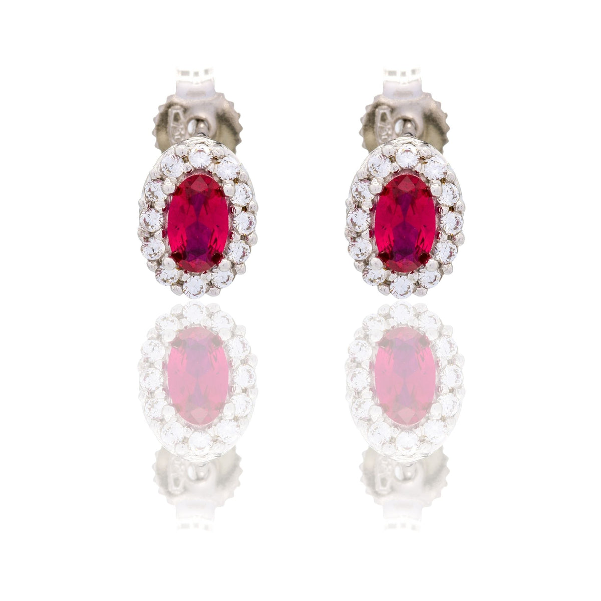 Orecchini Oro Bianco Oro 18 carati Ovale Con Contorno Zirconi Bianchi, Zircone Rosso 