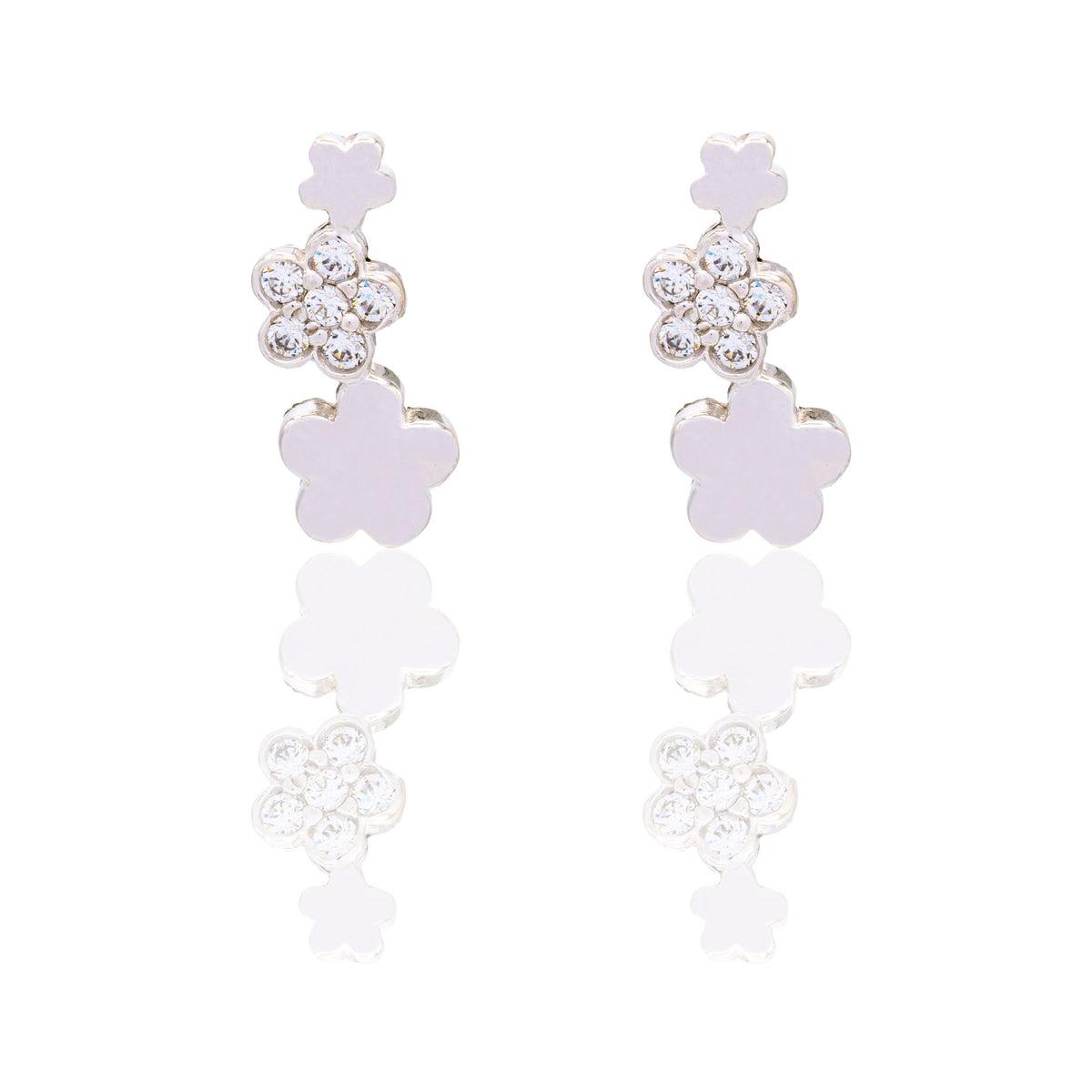 Orecchini Oro Bianco Oro 18 carati 3 Fiori Zirconi Bianchi
