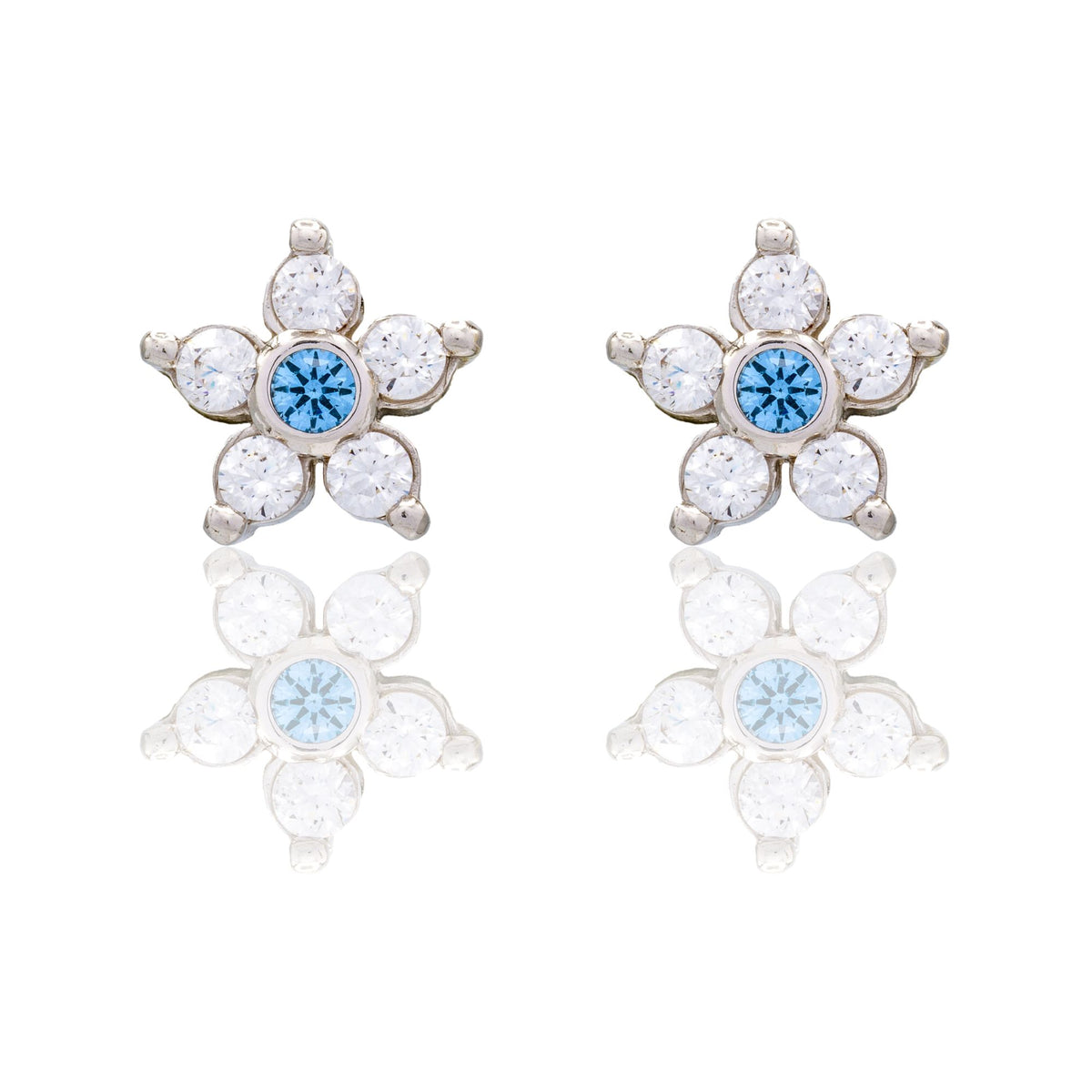 Orecchini Oro Bianco Oro 18 carati Fiore Pietra Zirconi Bianchi, Zircone Azzurro 
