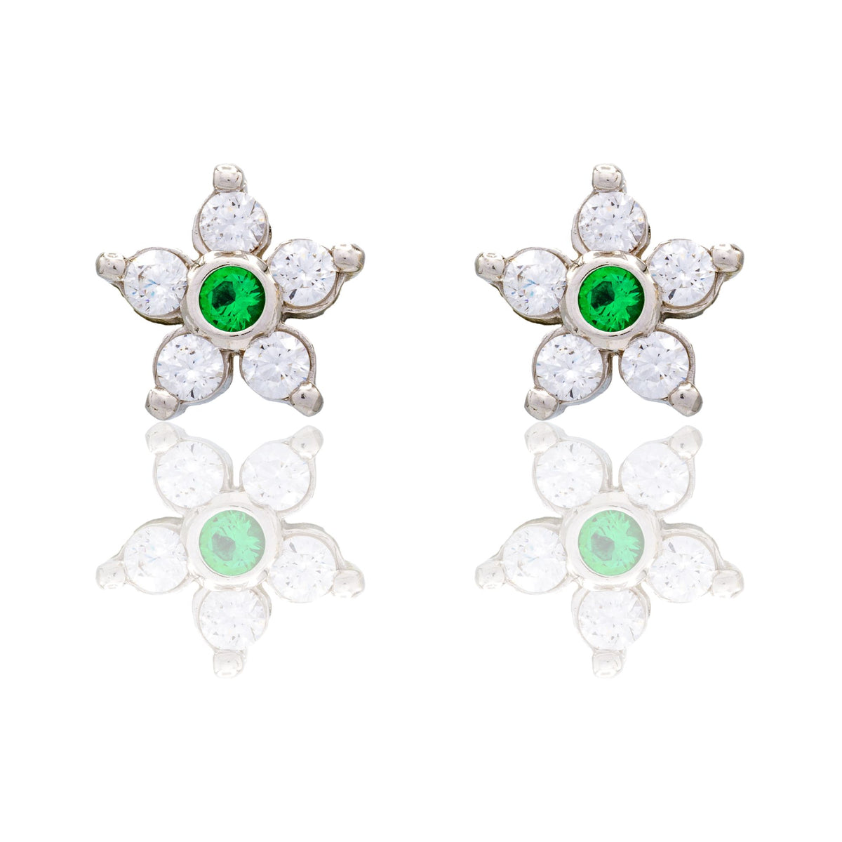 Orecchini Oro Bianco Oro 18 carati Fiore Pietra Zirconi Bianchi, Zircone Verde 