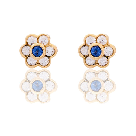 Orecchini Oro Giallo Oro 18 carati Fiore Con Centro Zirconi Bianchi, Zircone Blu 