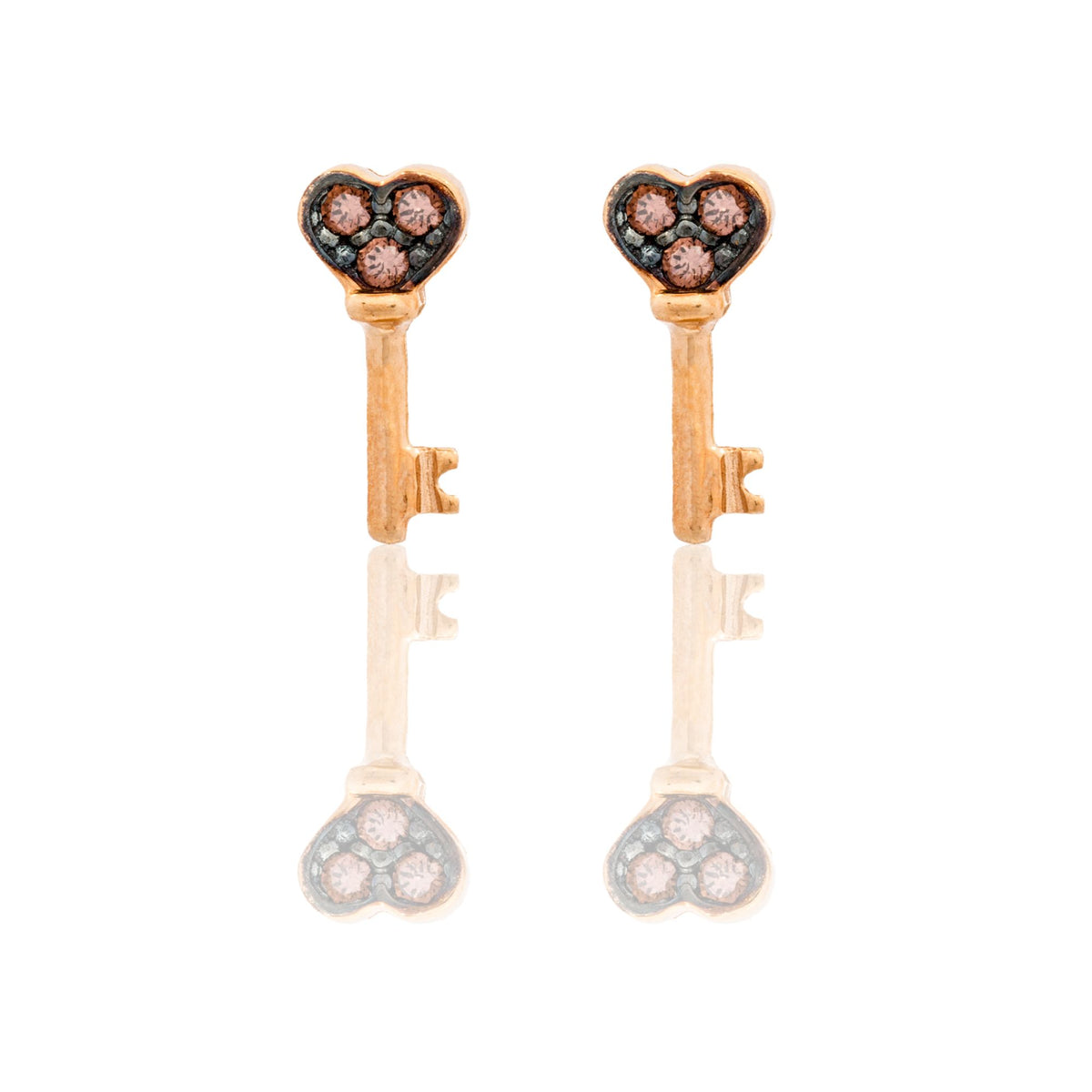 Orecchini Oro Rosa Oro 18 carati Chiave Con Cuore Zirconi Neri, Pavè Zirconi Brown 