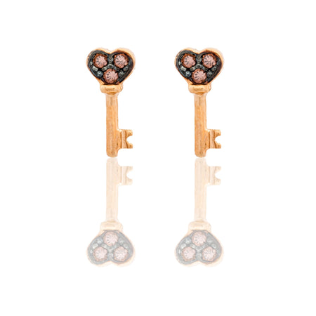 Orecchini Oro Rosa Oro 18 carati Chiave Con Cuore Zirconi Neri, Pavè Zirconi Brown 