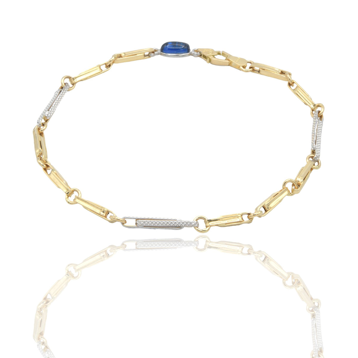 Bracciale Oro Giallo Oro Bianco Oro 18 carati Catena maglie alternate pietra blu cm. 21,5
