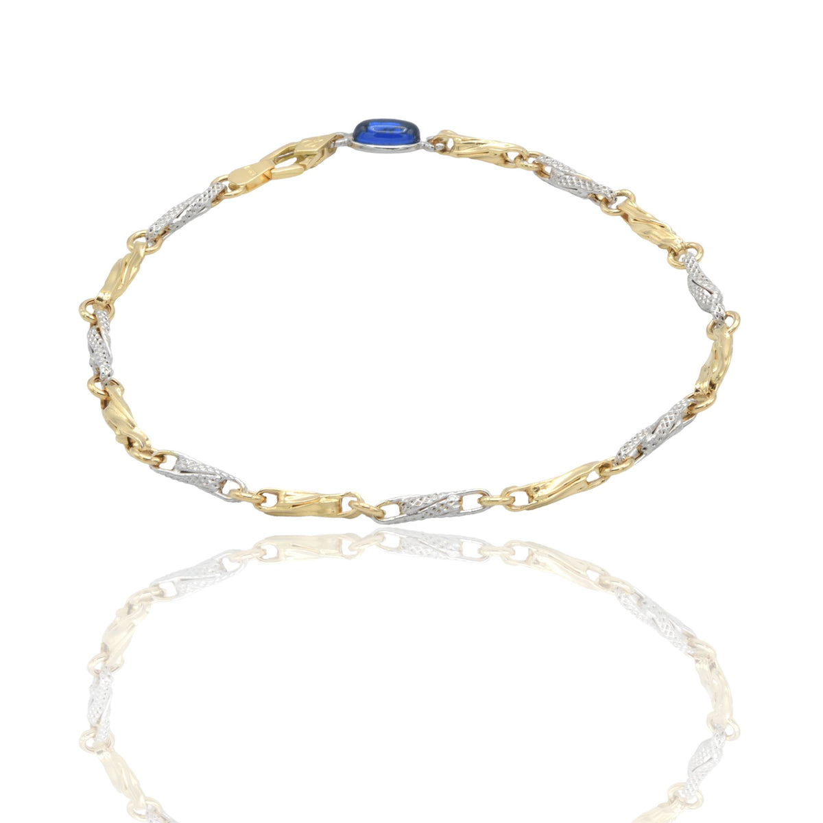 Bracciale Oro Giallo Oro Bianco Oro 18 carati Catena Intrecciata pietra blu cm. 21,5