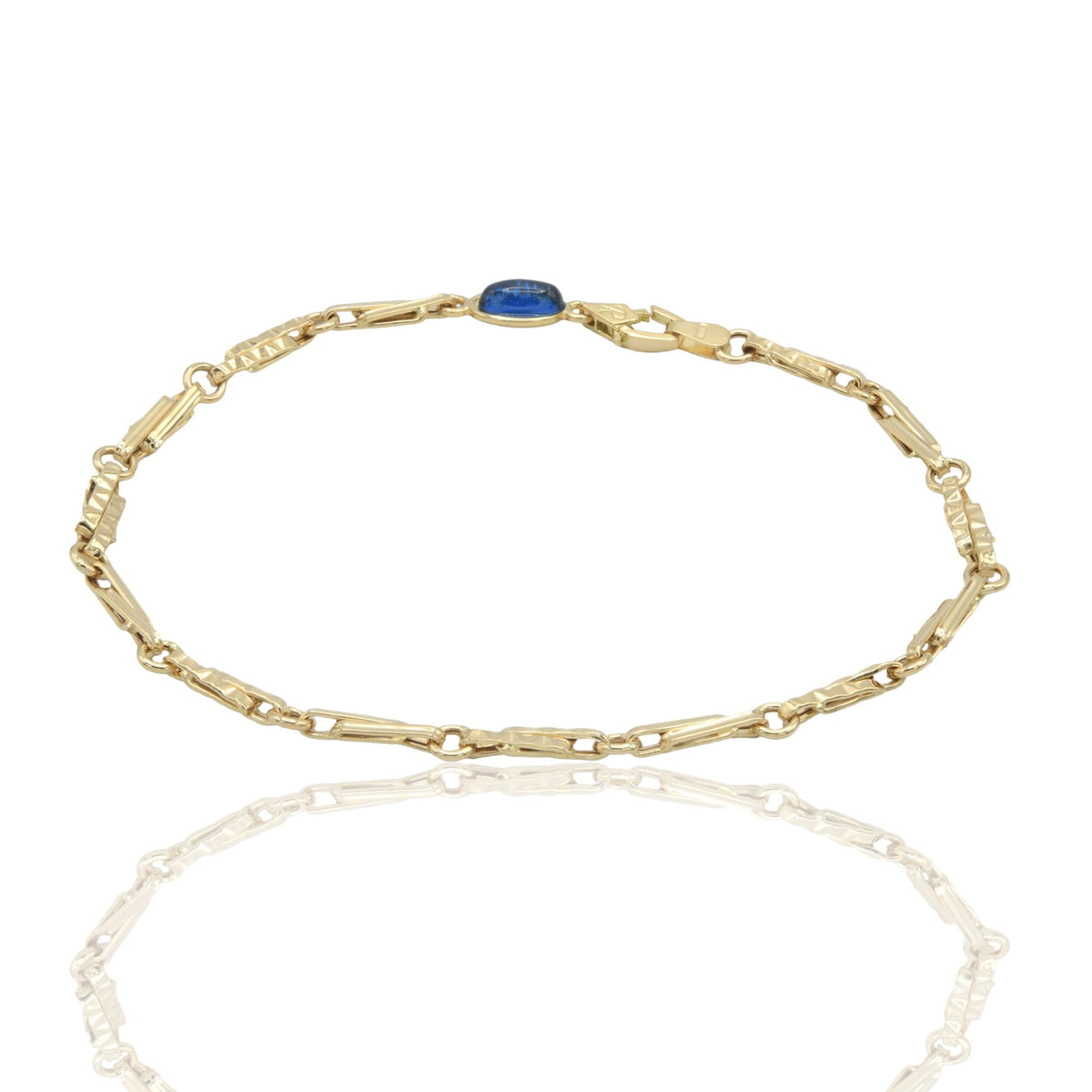Bracciale Oro Giallo Oro 18 carati Catena Schiacciata E Rigata pietra blu cm. 21,5