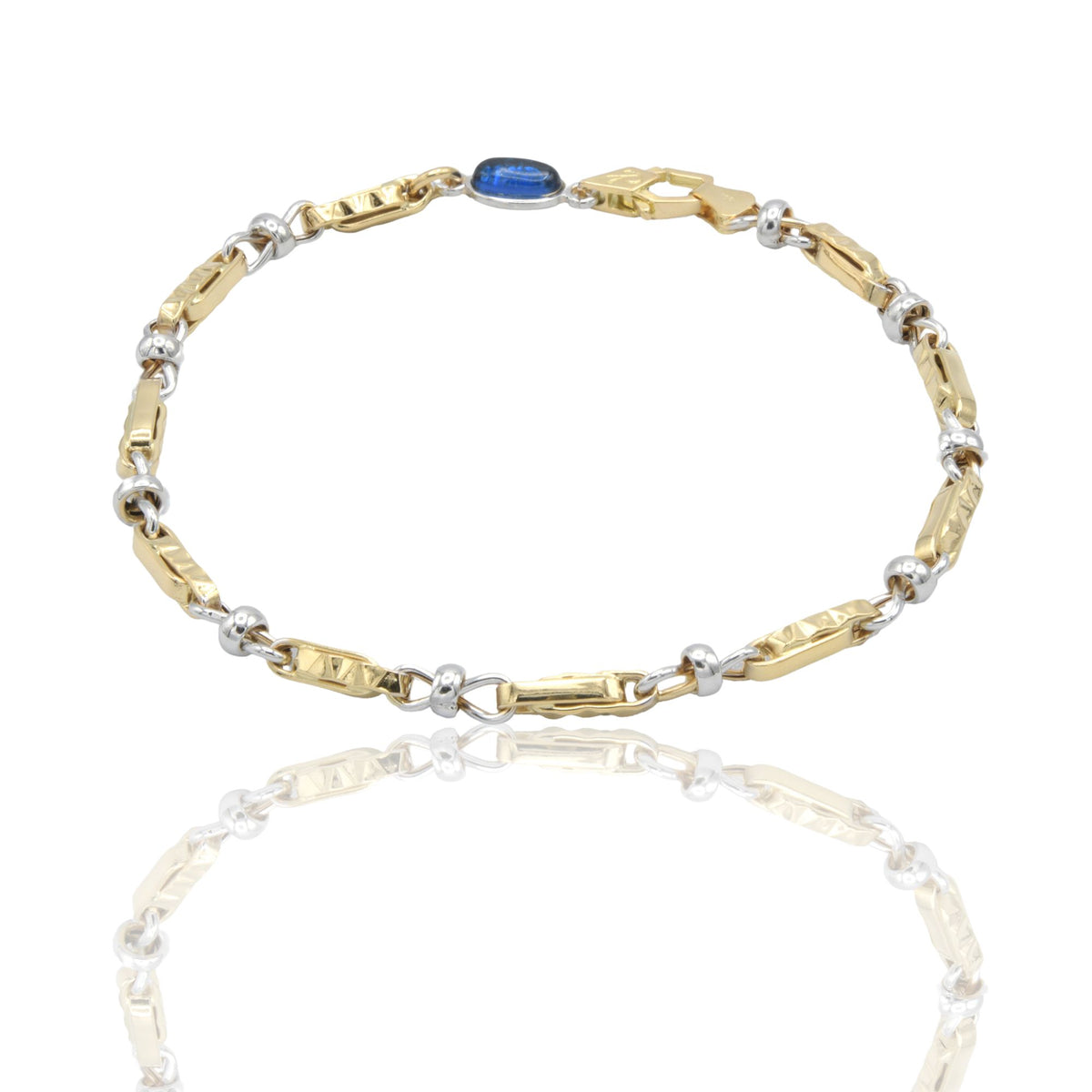 Bracciale Oro Giallo Oro Bianco Oro 18 carati Catena Rigata alternata pietra blu cm. 21,5