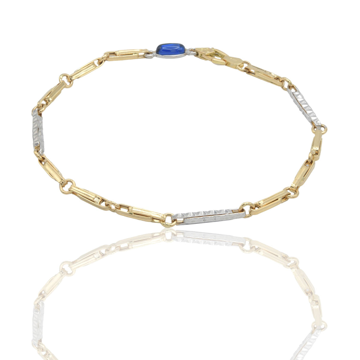 Bracciale Oro Giallo Oro Bianco Oro 18 carati Catena Rigata alternata pietra blu cm. 21,5