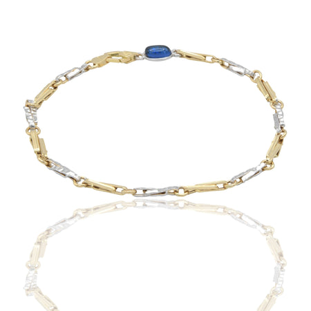 Bracciale Oro Giallo Oro Bianco Oro 18 carati Catena Schiacciata Alternata pietra blu cm. 21,5