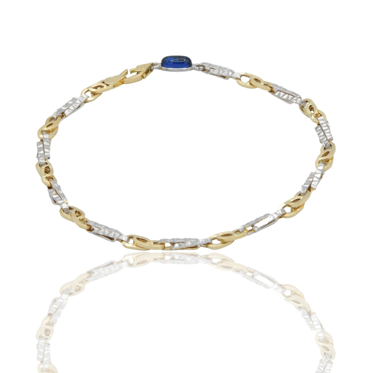 Bracciale Oro Giallo Oro Bianco Oro 18 carati Catena Schiacciata Alternata pietra blu cm. 21,5