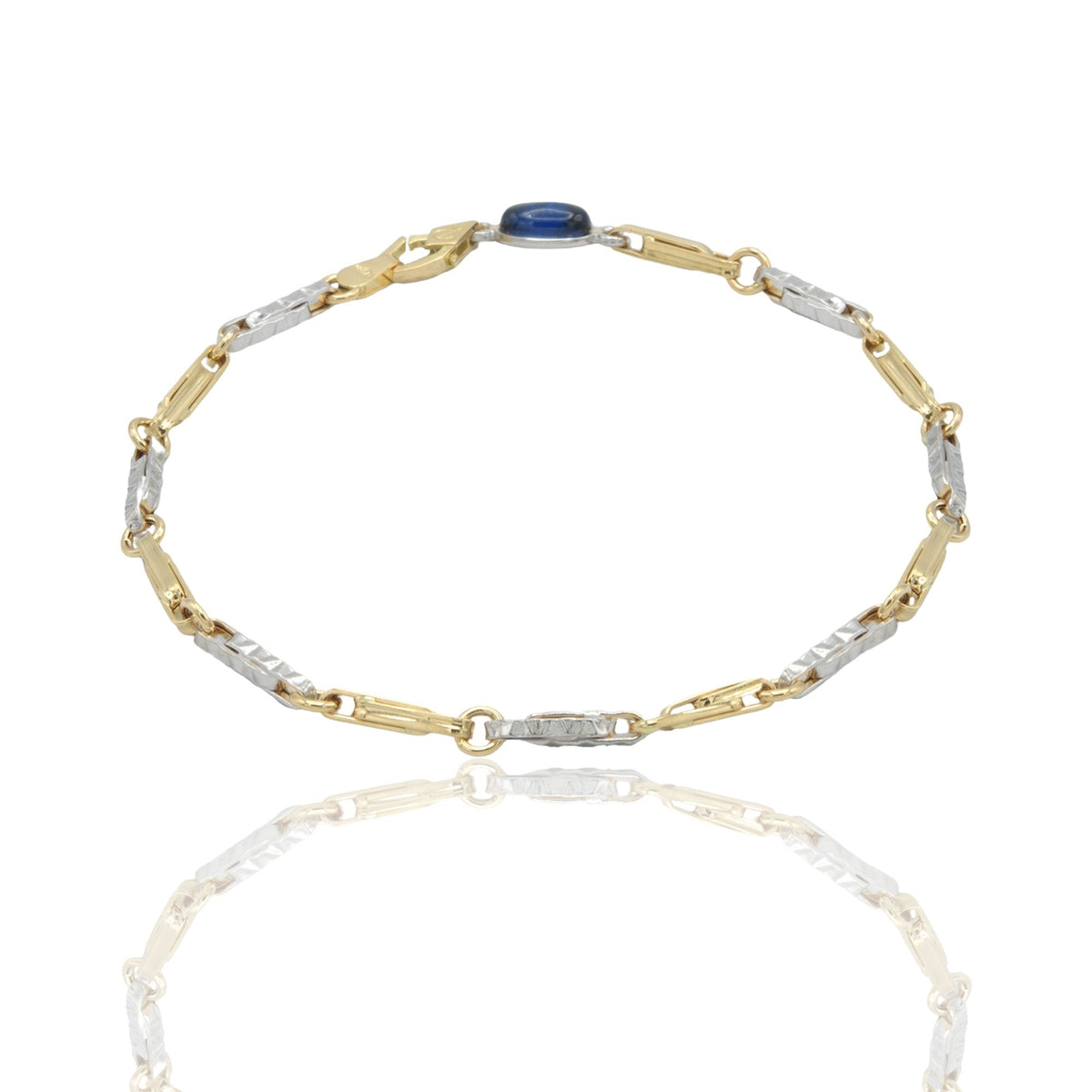 Bracciale Oro Giallo Oro Bianco Oro 18 carati Catena Rigata pietra blu cm. 21,5