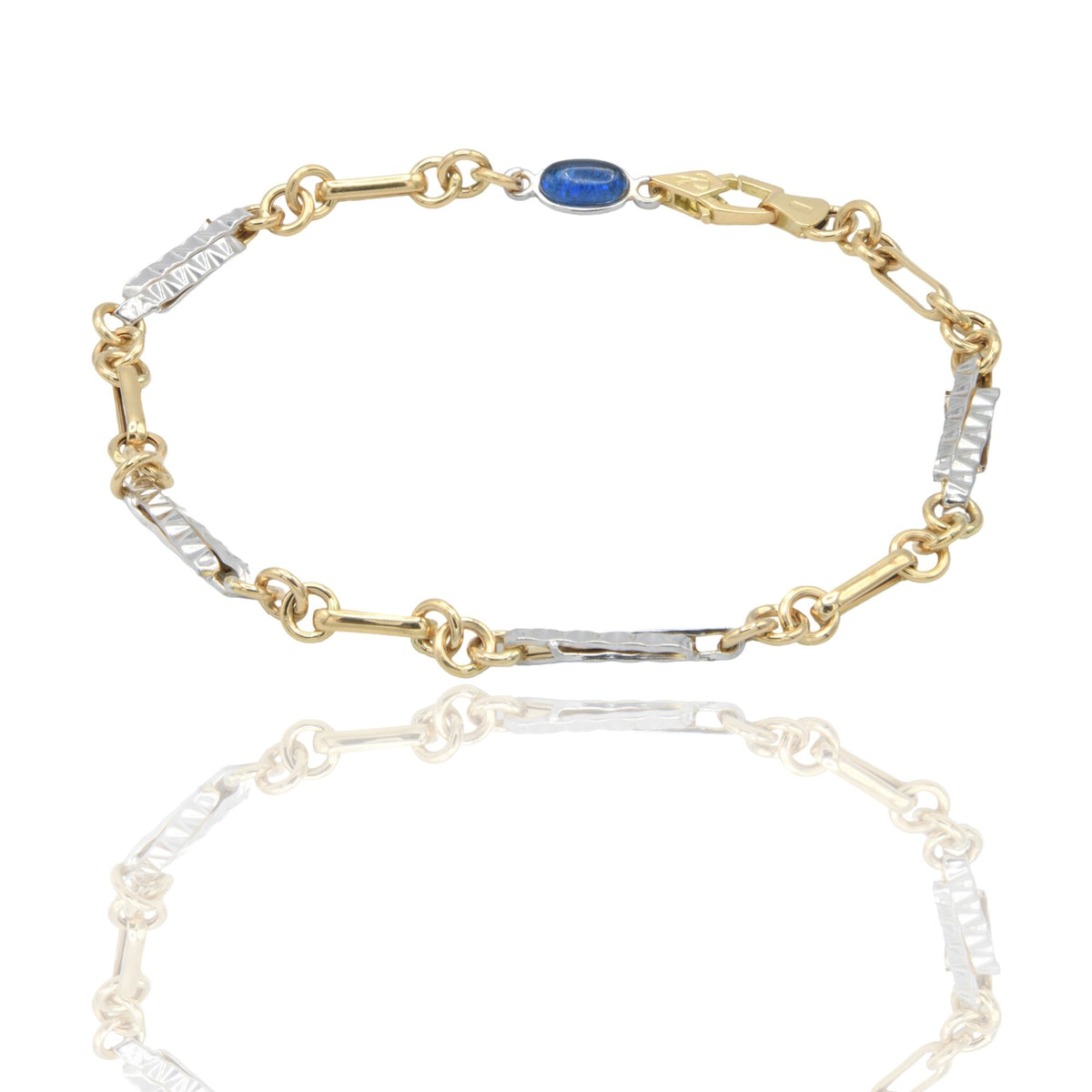 Bracciale Oro Giallo Oro Bianco Oro 18 carati Catena Rigata e Tondini pietra blu cm. 21,5