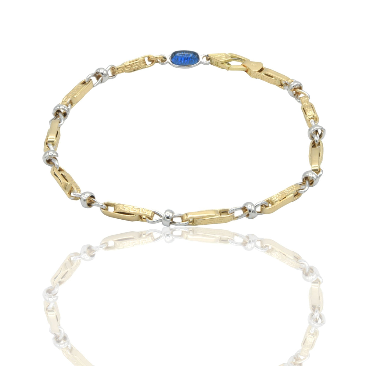 Bracciale Oro Giallo Oro Bianco Oro 18 carati Catena alternata con  Greca pietra blu cm. 21,5