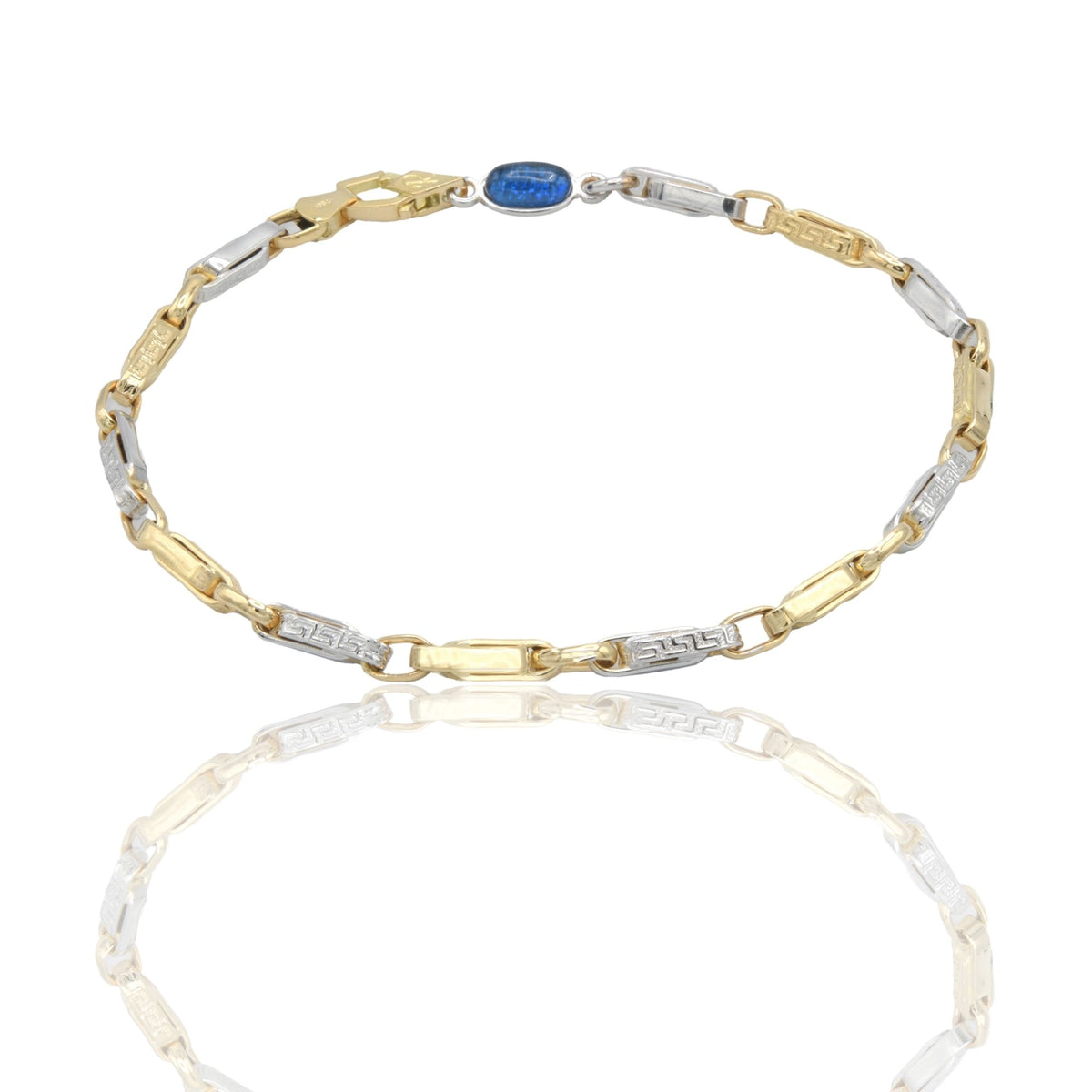 Bracciale Oro Giallo Oro Bianco Oro 18 carati Catena alternata con  Greca pietra blu cm. 21,5