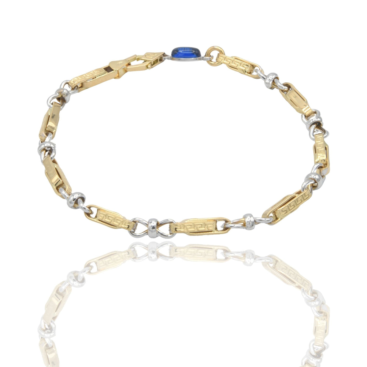 Bracciale Oro Giallo Oro Bianco Oro 18 carati Catena alternata con  Greca pietra blu cm. 21,5