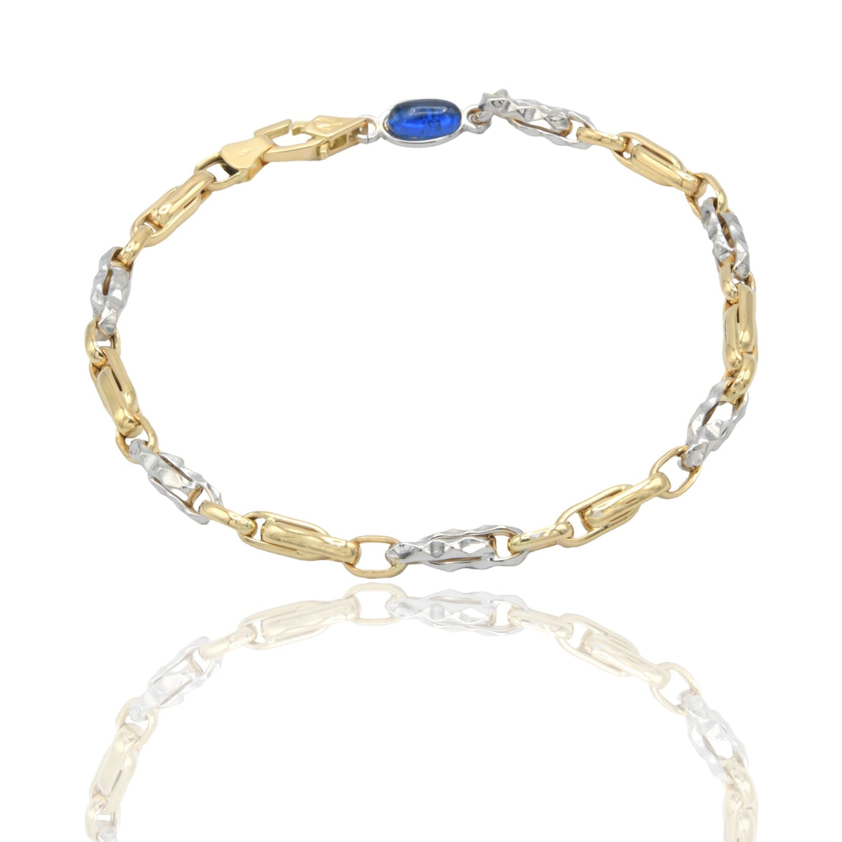 Bracciale Oro Giallo Oro Bianco Oro 18 carati Catena alternata pietra blu cm. 21,5