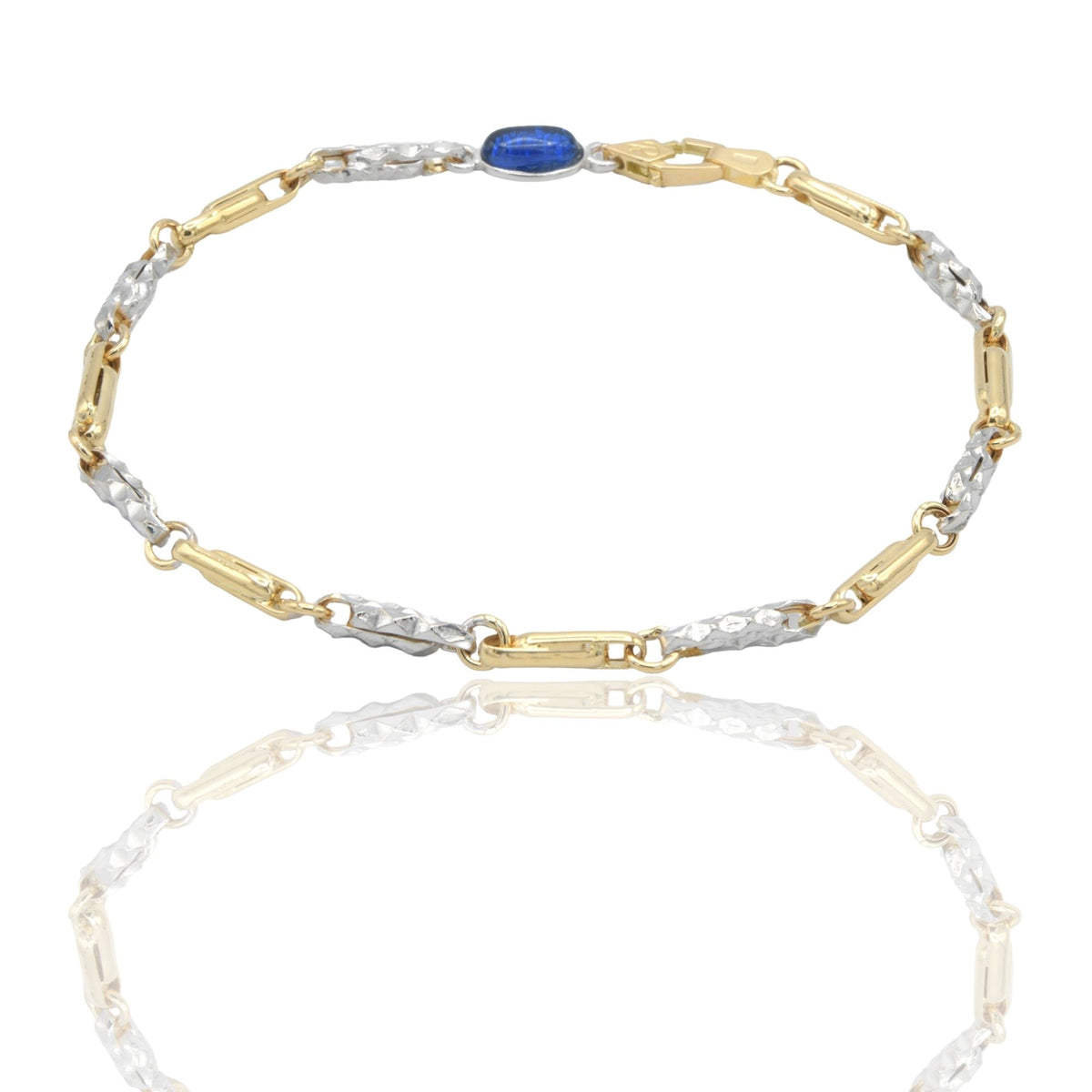 Bracciale Oro Giallo Oro Bianco Oro 18 carati Catena alternata pietra blu cm. 21,5