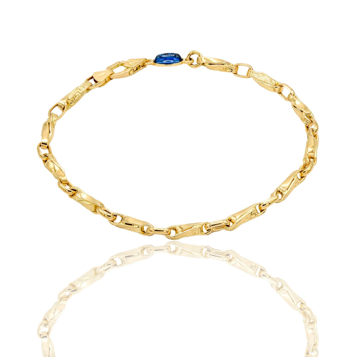 Bracciale Oro Giallo Oro 18 carati Catena Alternata Con Greca pietra blu cm. 21,5