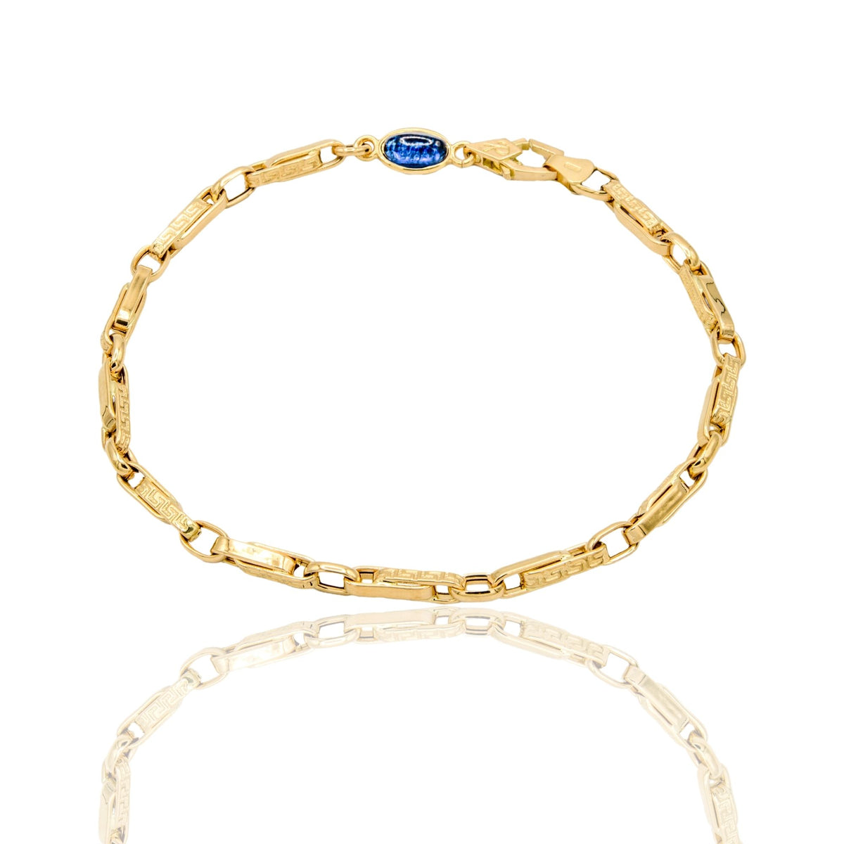 Bracciale Oro Giallo Oro 18 carati Catena Tubolare Con Greca pietra blu cm. 21,5