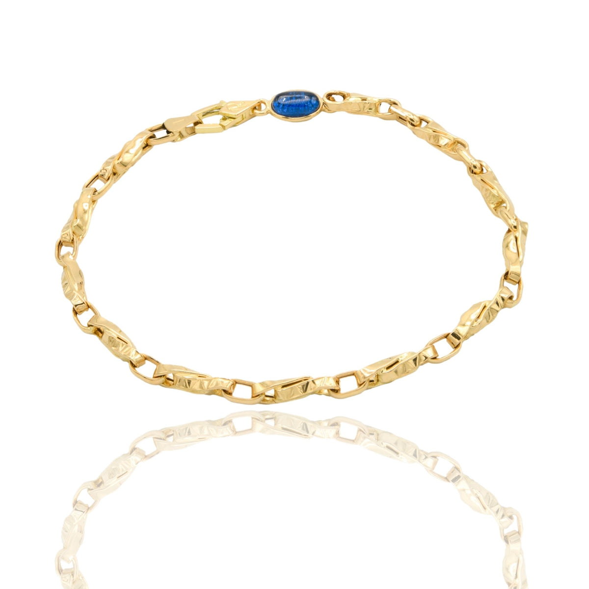 Bracciale Oro Giallo Oro 18 carati Catena Intrecciata pietra blu cm. 21,5