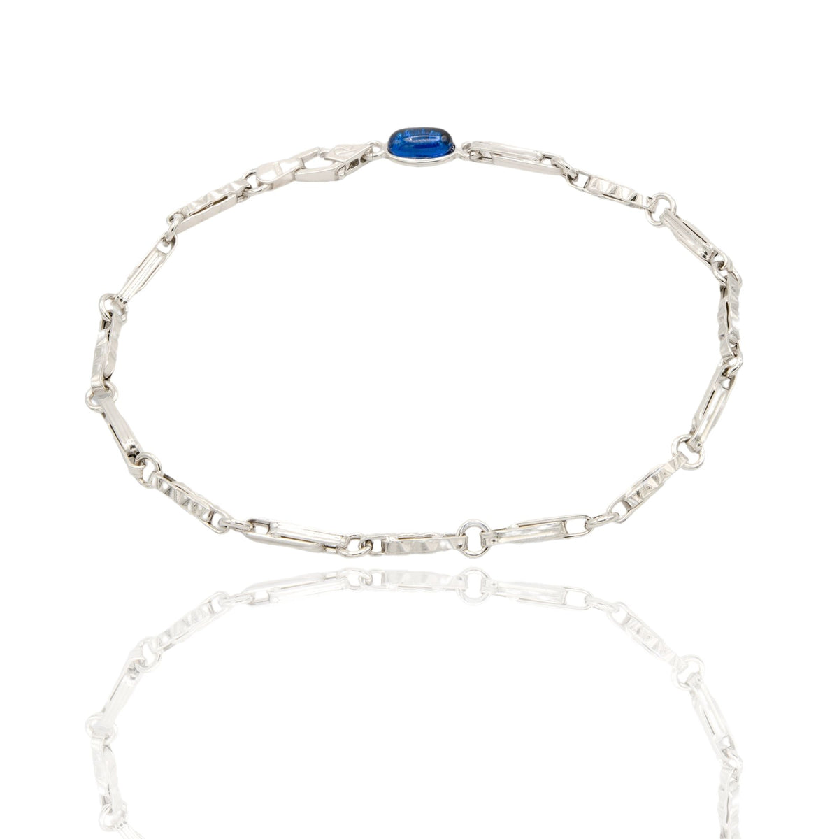 Bracciale Oro Bianco Oro 18 carati Catena Tubolare Rigata Alternata pietra blu cm. 21,5