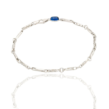 Bracciale Oro Bianco Oro 18 carati Catena Tubolare Rigata Alternata pietra blu cm. 21,5