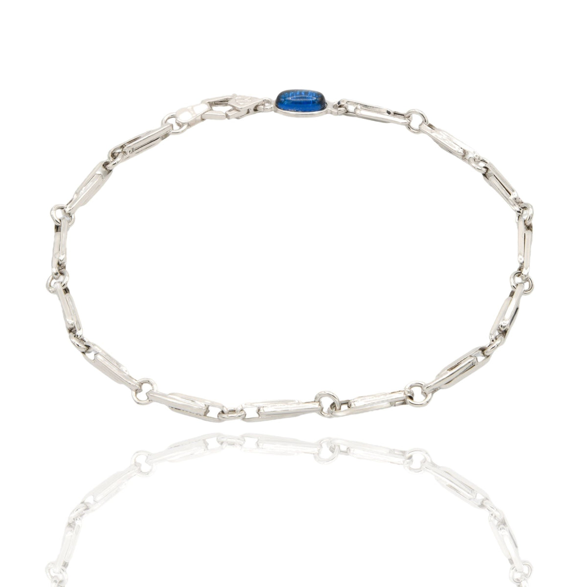 Bracciale Oro Bianco Oro 18 carati Catena Tubolare maglia lucida pietra blu cm. 21,5