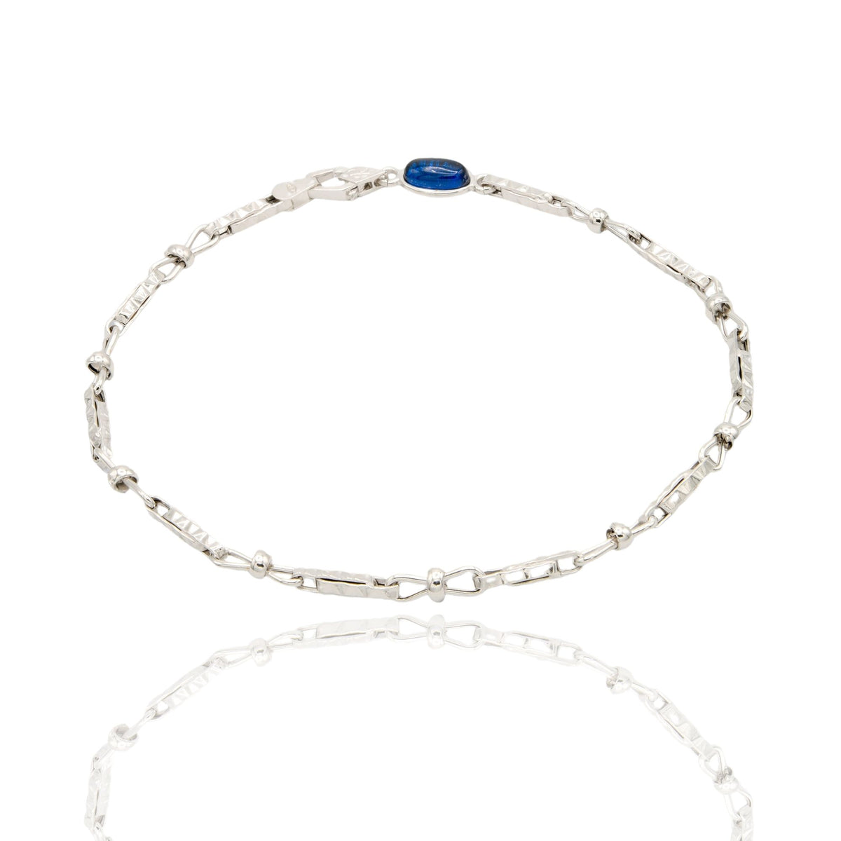 Bracciale Oro Bianco Oro 18 carati Catena Tubolare Maglia Rigata pietra blu cm. 21,5