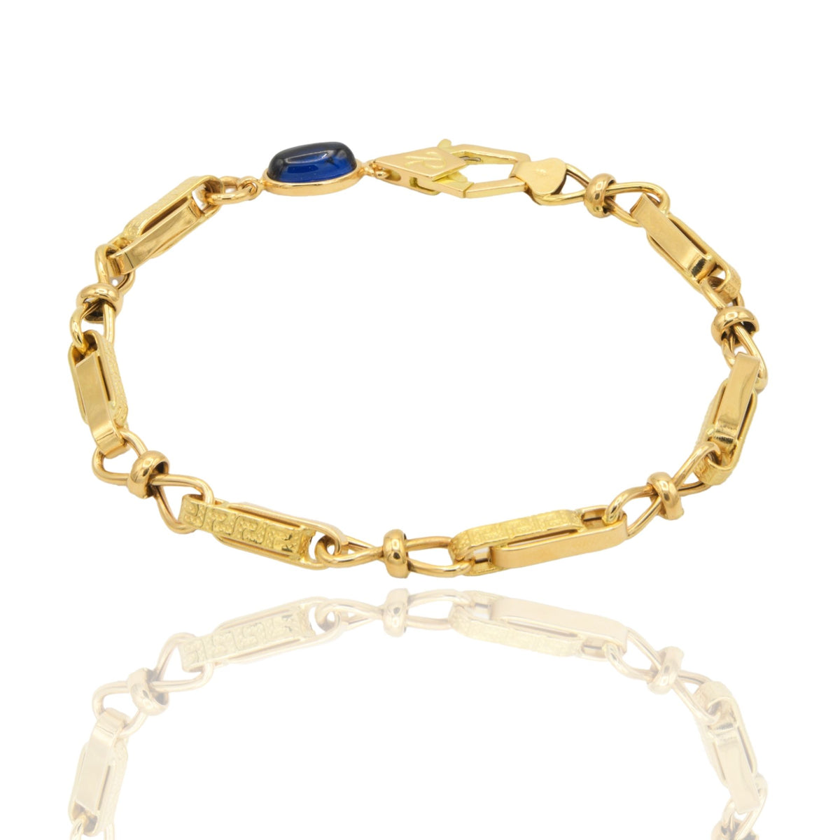 Bracciale Oro Giallo Oro 18 carati Catena intrecciata Con Greca pietra blu cm. 21,5