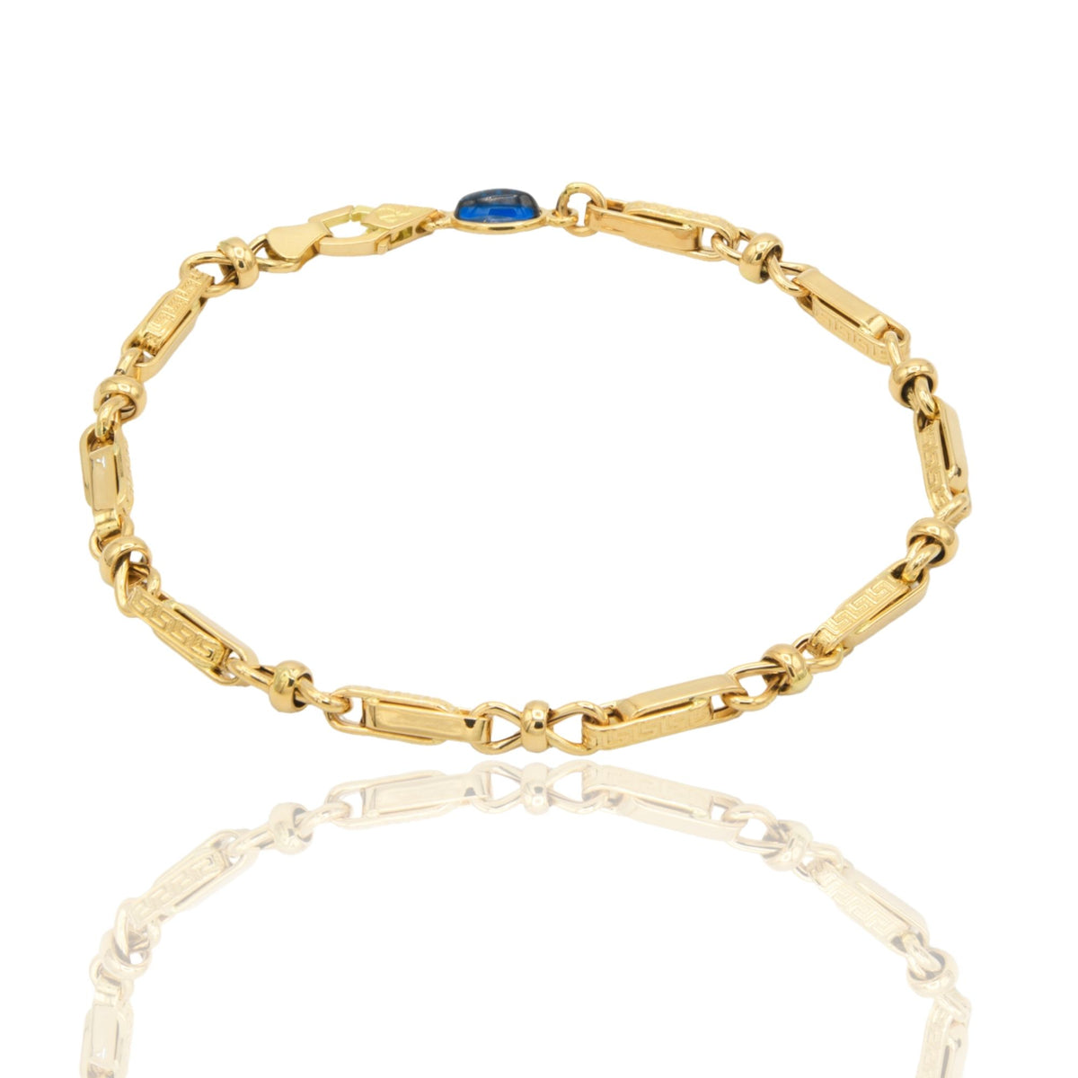 Bracciale Oro Giallo Oro 18 carati Catena intrecciata Con Greca pietra blu cm. 21,5