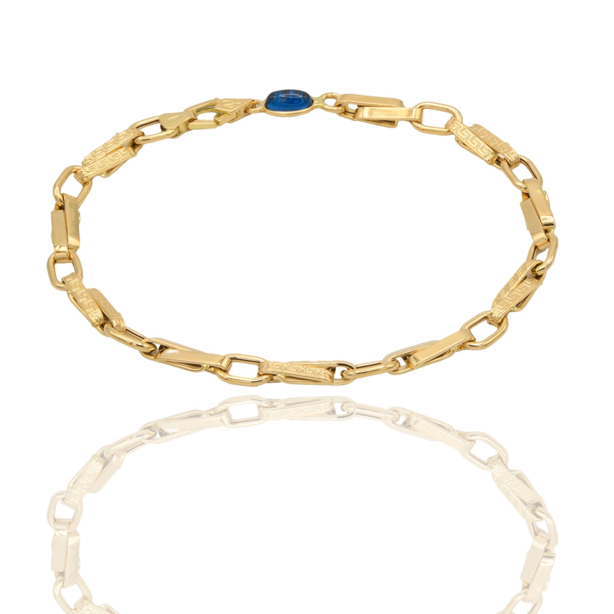 Bracciale Oro Giallo Oro 18 carati Catena intrecciata Con Greca pietra blu cm. 21,5